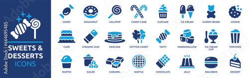 Sweets and desserts icon set. Containing candy, lollipop, ice cream, cookie, cake, sugar, popcorn, caramel and chocolate. Vector solid icons collection.