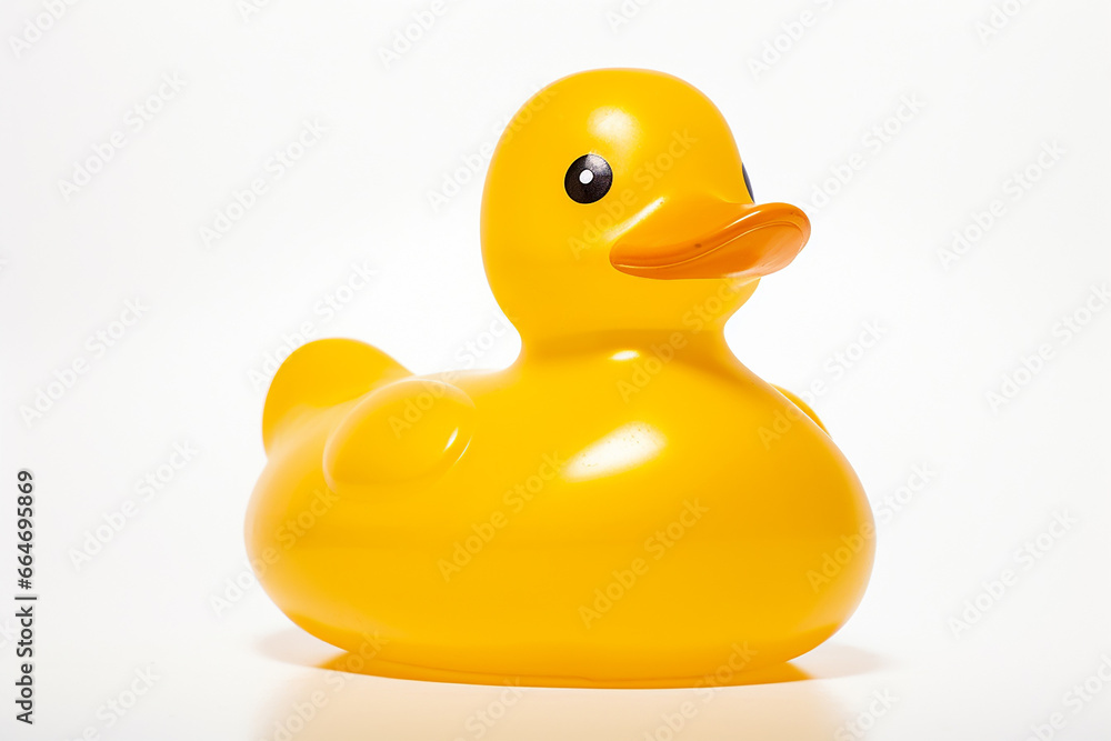 The side view of a shiny yellow rubber duck toy for children isolated on the white background. Generative AI. The side view of a shiny yellow rubber duck toy for children isolated on the white background. Generative AI.