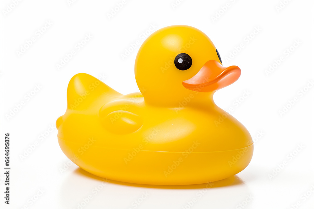 The side view of a shiny yellow rubber duck toy for children isolated on the white background. Generative AI.