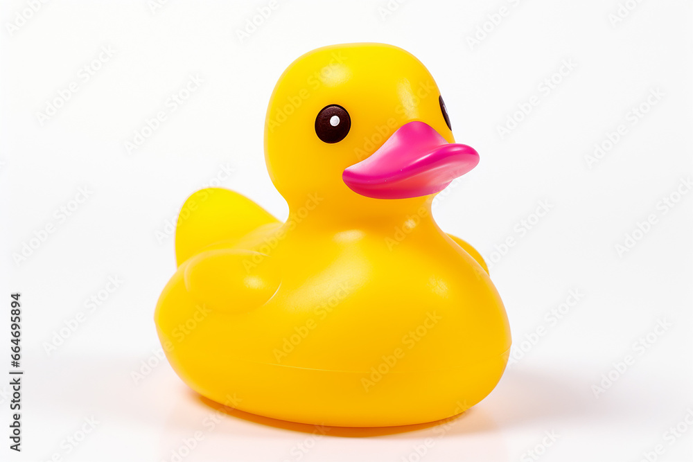 The side view of a shiny yellow rubber duck toy for children isolated on the white background. Generative AI. The side view of a shiny yellow rubber duck toy for children isolated on the white background. Generative AI.
