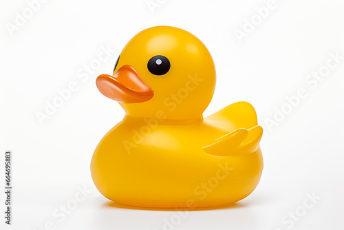 The side view of a shiny yellow rubber duck toy for children isolated on the white background. Generative AI.