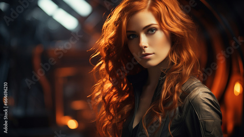 beautiful red haired woman in a futuristic spacecraft hangar