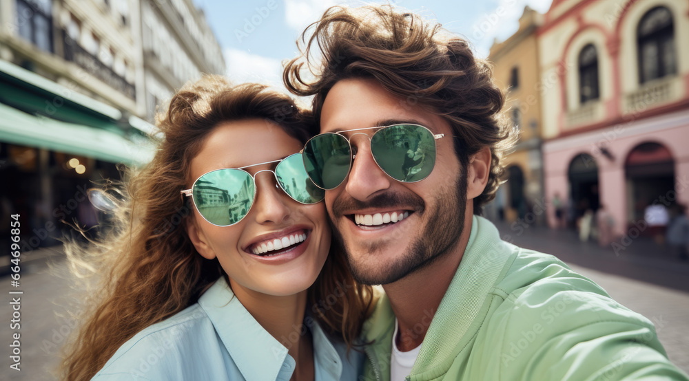 A happy vogue fashion couple taking selfies with bright solid light color clothes in summer A happy vogue fashion couple taking selfies with bright solid light color clothes in summer