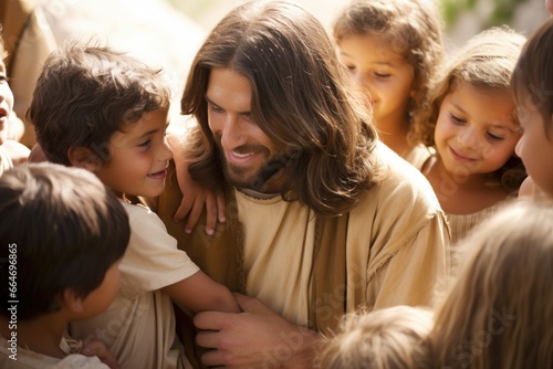 Jesus embracing children, symbolizing innocence. photo