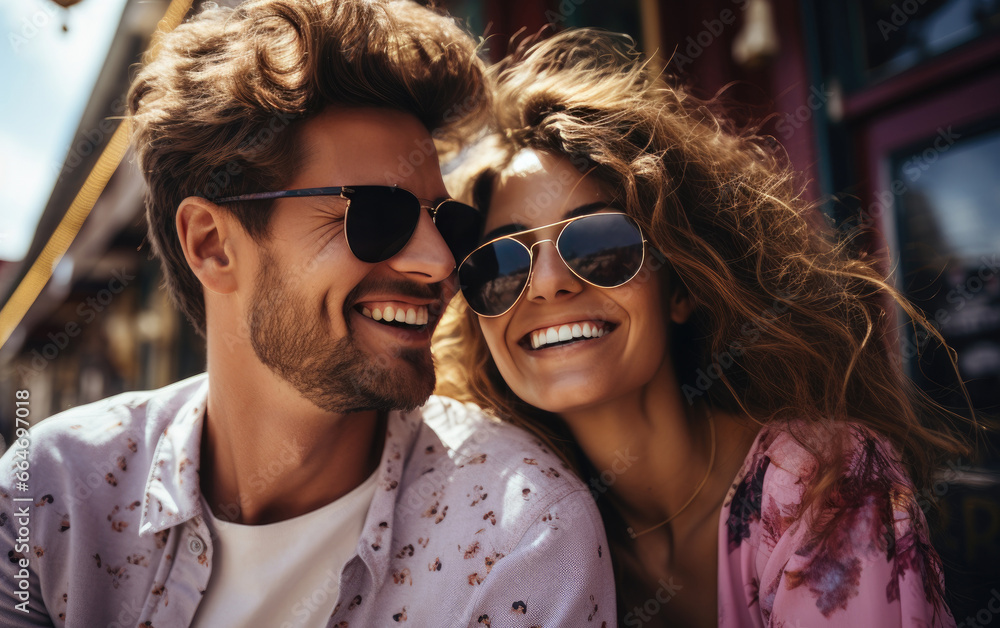 A happy vogue fashion couple taking selfies with bright solid light color clothes in summer A happy vogue fashion couple taking selfies with bright solid light color clothes in summer