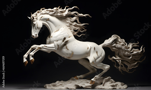 majestic horse statue made of ornate hard stone; marble with gold flakes in flowing motion