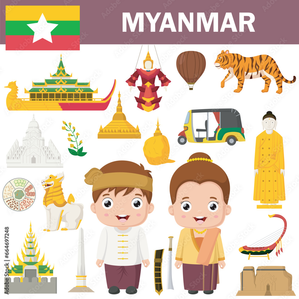 Naklejka premium Set of Myanmar famous landmarks