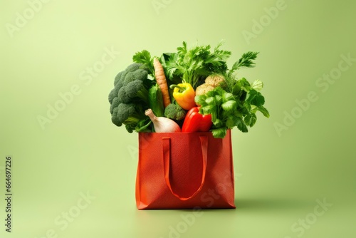 Bag with groceries. Groceries shopping bag with healthy food isolated on bright background. Shopping bag full of vegetables photo