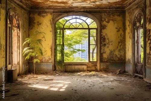 Interior of dilapidated old building with worn-out walls  ceiling  and a view of trees through the window. Generative AI