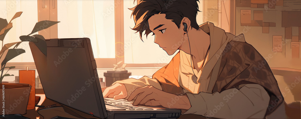 Obraz premium Anime portrait of a college student studying at his laptop computer