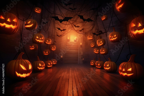 Halloween attic or basement background, pumpkins in spooky house