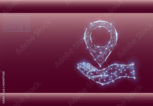 Vector illustration of a label for a map on a hand, made up of a technological grid and dots.Navigator pin checking map. Map location, vector icon on burgundy background.