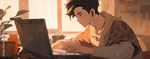 Anime portrait of a college student studying at his laptop computer