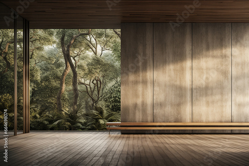 A serene wooden living room front view with natural light  bench and other furniture  fixed windows  growing trees and plants  and open space connected to the garden. Generative AI.