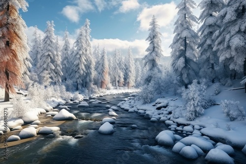 Scenic winter forest with snow, Christmas trees, and river. Generative AI