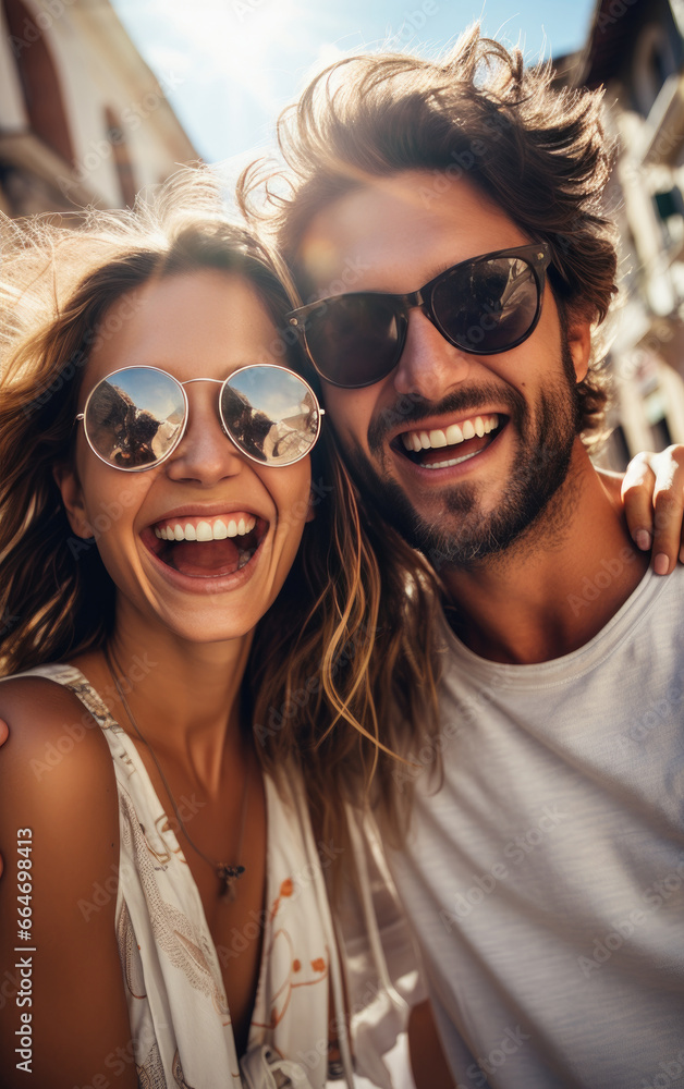 A happy vogue fashion couple taking selfies with bright solid light color clothes in summer A happy vogue fashion couple taking selfies with bright solid light color clothes in summer