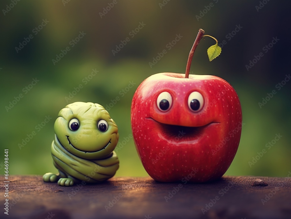 An apple and a worm sitting next to each other. Generative AI.