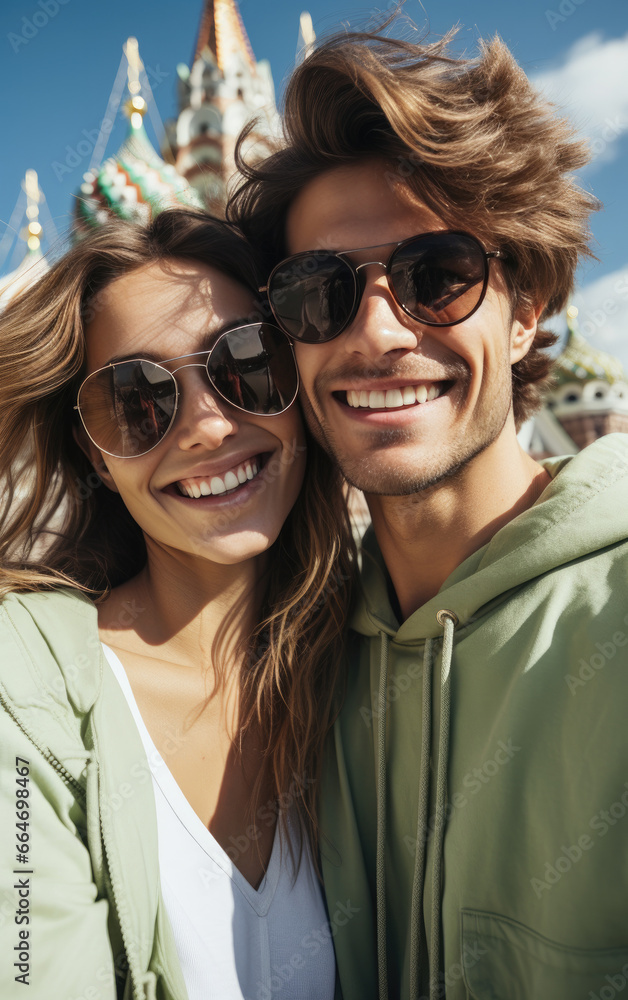 A happy vogue fashion couple taking selfies with bright solid light color clothes in summer