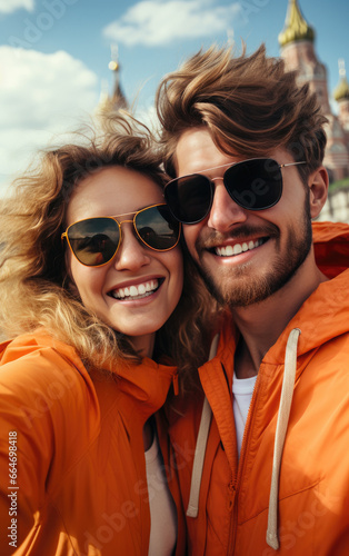 A happy vogue fashion couple taking selfies with bright solid light color clothes in summer