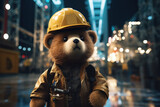 A brown bear toy wearing a hard hat. Generative AI.