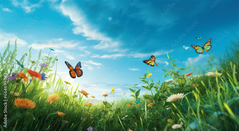The view of a white white and blue common butterfly grabbing on the dandelion flower in a field on a sunny day while white dandelion seeds floating over the clear sky. Generative AI. The view of a white white and blue common butterfly grabbing on the dandelion flower in a field on a sunny day while white dandelion seeds floating over the clear sky. Generative AI.