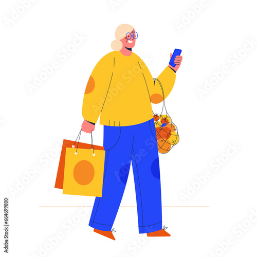 Senior woman walking with her phone and carrying shopping bags and fresh groceries. Flat style character vector illustration.