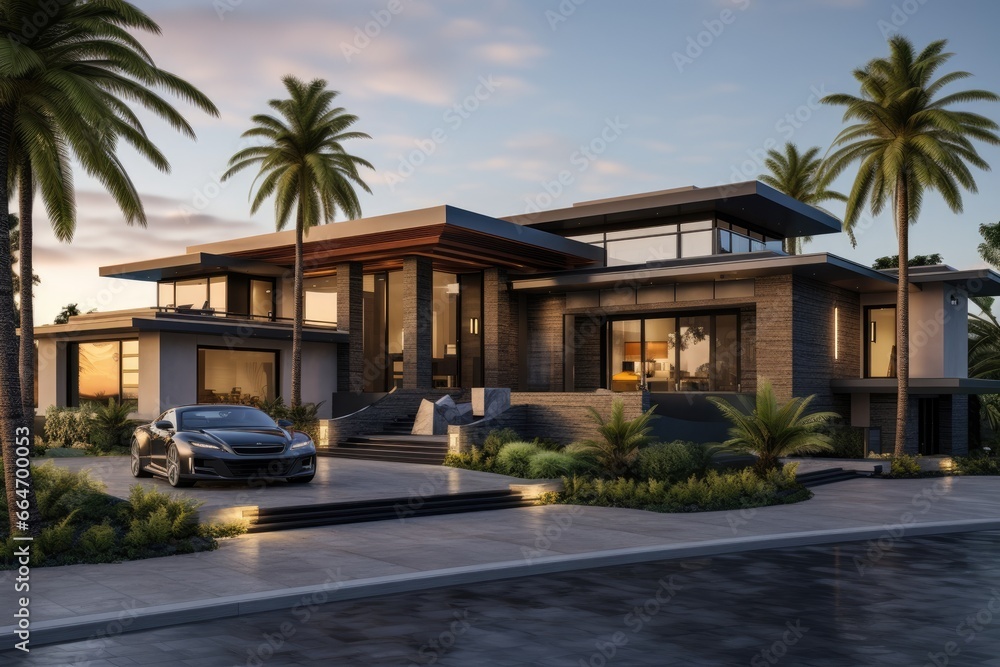 High-End Modern Residence at Sunset with Sleek Design, Palm Trees, and An Elegant Sports Car Parked on The Driveway