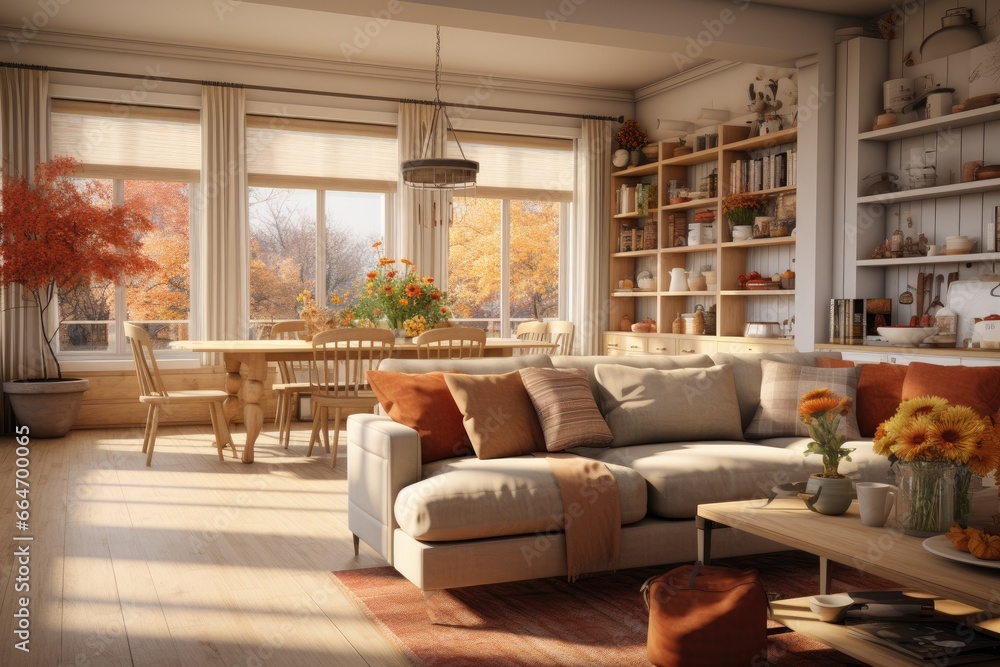 Autumn Living Room with Cozy Sunlight, Plush Couch, Wooden Dining Set, and Rustic Shelves Filled with Seasonal Decor