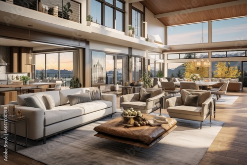 Sustainable Smart Home Open-Concept Living Room with Panoramic Mountain Views, Featuring a Mix of Modern and Organic Materials, Linen Furnishings, and A Sunset Backdrop