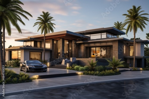 High-End Modern Residence at Sunset with Sleek Design, Palm Trees, and An Elegant Sports Car Parked on The Driveway