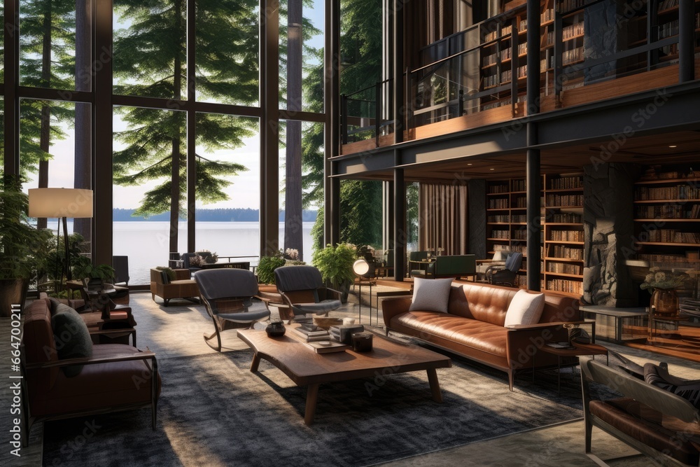 Eco-Conscious Cozy Contemporary Library with Tall Bookshelves, Leather Seating, and Expansive Forest and Lake Outlook