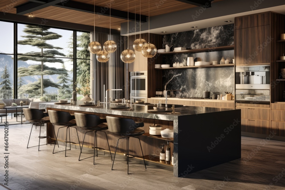 Modern Luxurious Kitchen with Marble Backsplash, Wooden Accents, Overhead Glass Pendant Lighting, and Scenic Forest and Mountain View through Panoramic Windows