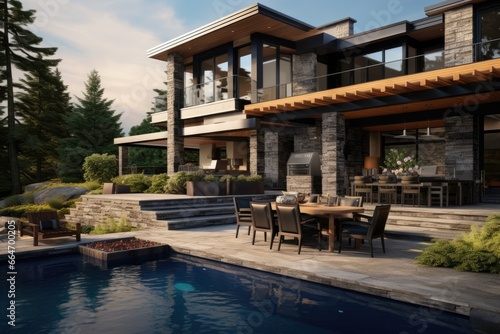 Relaxing Modern Luxury Home Exterior with Pool: Tranquil Backyard Featuring Stone Accents, Outdoor Dining Area, and Illuminated Reflective Water Features