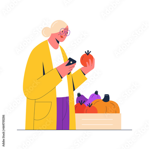 Senior woman buying vegetables at the grocery store. Flat style character vector illustration.