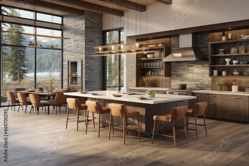 Spacious Contemporary Dining Area Featuring Large Glass Windows with Picturesque Lake and Forest Views, Wooden Shelves, Bronze-hued Suspended Lights, and Elegant Stone Wall Accent © Bryan