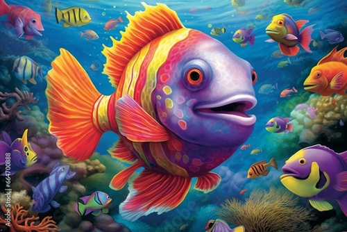 Vibrant underwater creatures - fish, coral, and sponges - bring liveliness to souvenir decorations like prints, posters, postcards, and banners. Generative AI