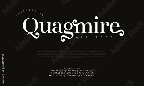 Quagmire premium luxury elegant alphabet letters and numbers. Elegant wedding typography classic serif font decorative vintage retro. Creative vector illustration