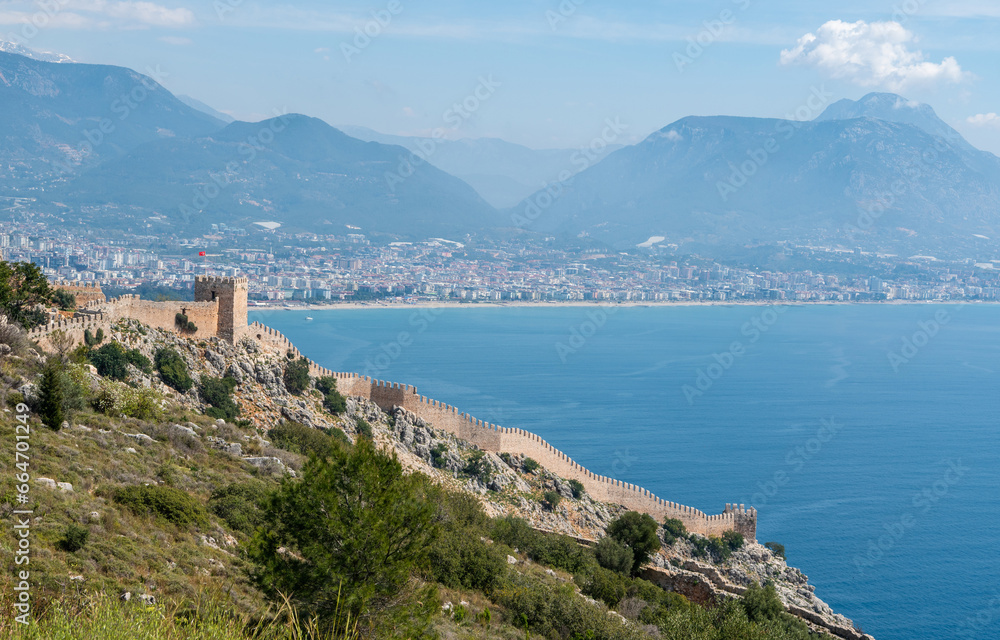 Landscape in Alanya, Turkey, with the ruined castle walls.