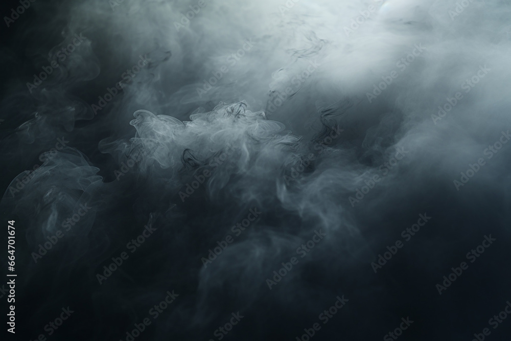 The wallpaper of the white and grey smoke steam slowly floating in the air isolated on black background. Generative AI.