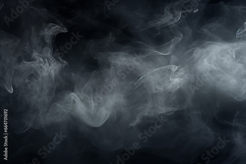The wallpaper of the white and grey smoke steam slowly floating in the air isolated on black background. Generative AI.