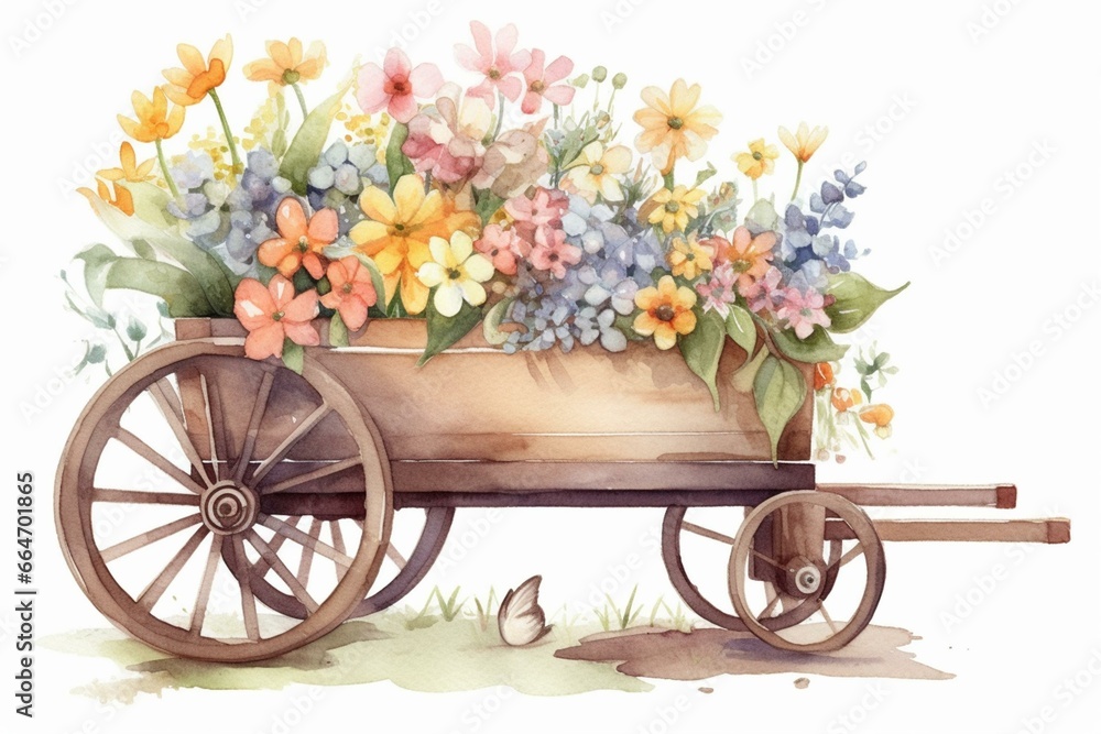 adorable spring flowers cart watercolor illustration. Generative AI