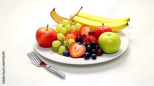 fresh fruit with plate and knife  isolated on white background