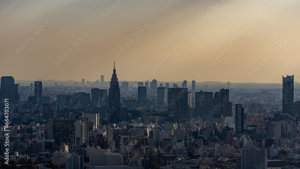 Tokyo Shinjuku area high rise buildings with crepuscular rays at golden hour.