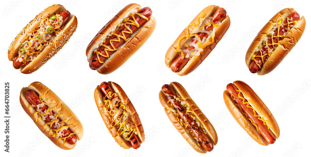 set of hotdogs isolated on transparent background  - obrazy, fototapety, plakaty 