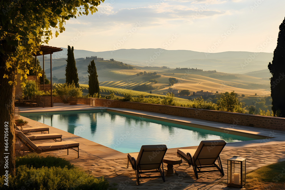  A secluded villa nestled in the Tuscan countryside, featuring a charming pool surrounded by vineyards and rolling hills. Showcase rustic elegance and the idyllic countryside. - obrazy, fototapety, plakaty 