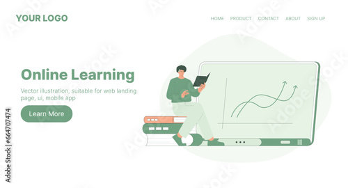 Online Learning. Web Landing Page Design. Flat Cartoon Vector Illustration.