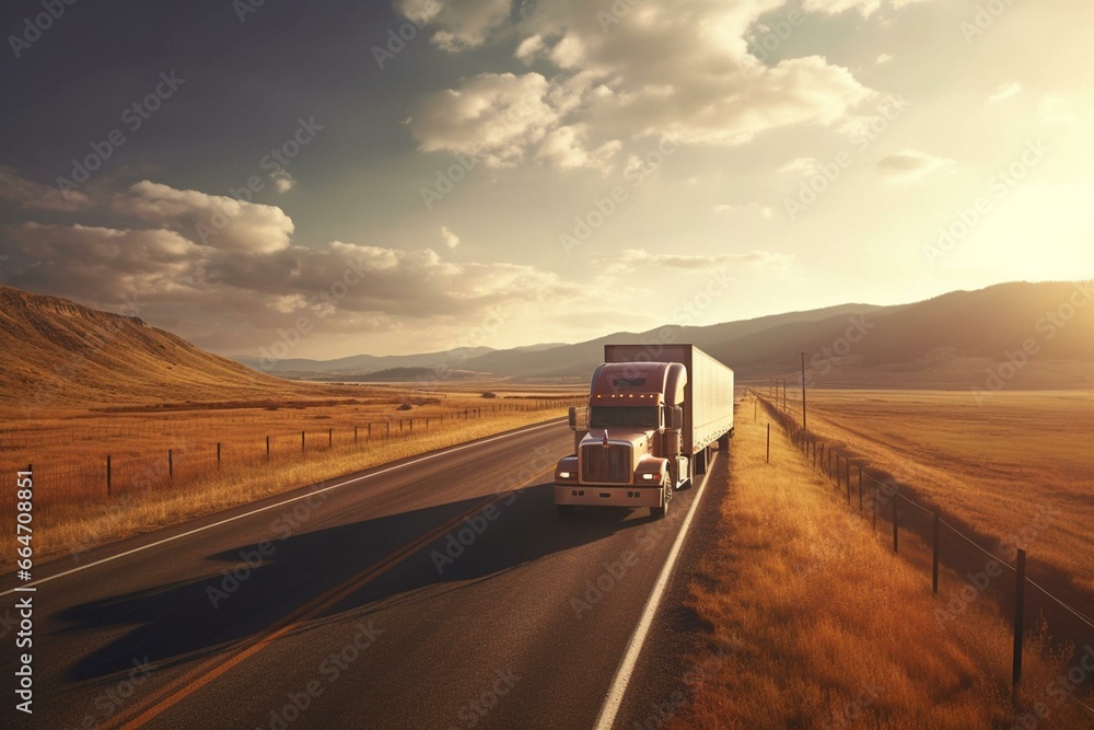 sunny morning truck road landscape technology. Generative AI