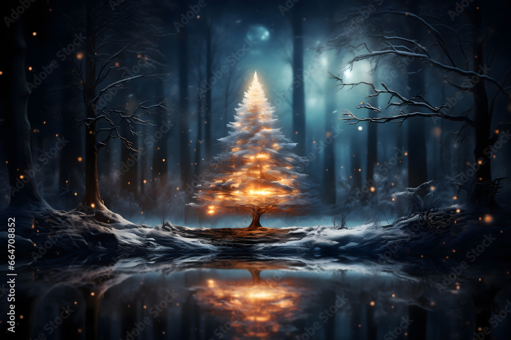 Fototapeta premium christmas tree decorations, santa claus with gifts, snowman in the snow, christmas gift boxes