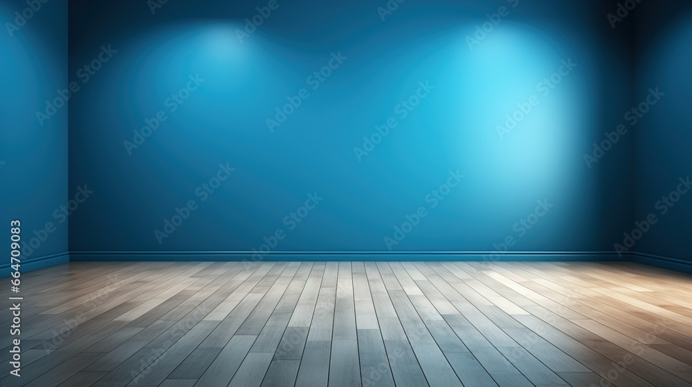 Blue empty wall and wooden floor with interest UHD wallpaper Stock Photographic Image