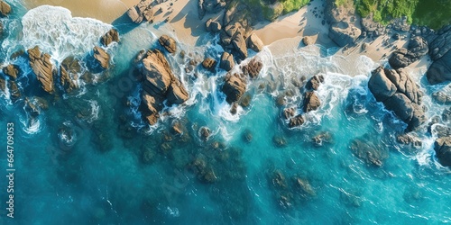 aerial view a beautiful beach with lots of rocks on the edge and blue sea water